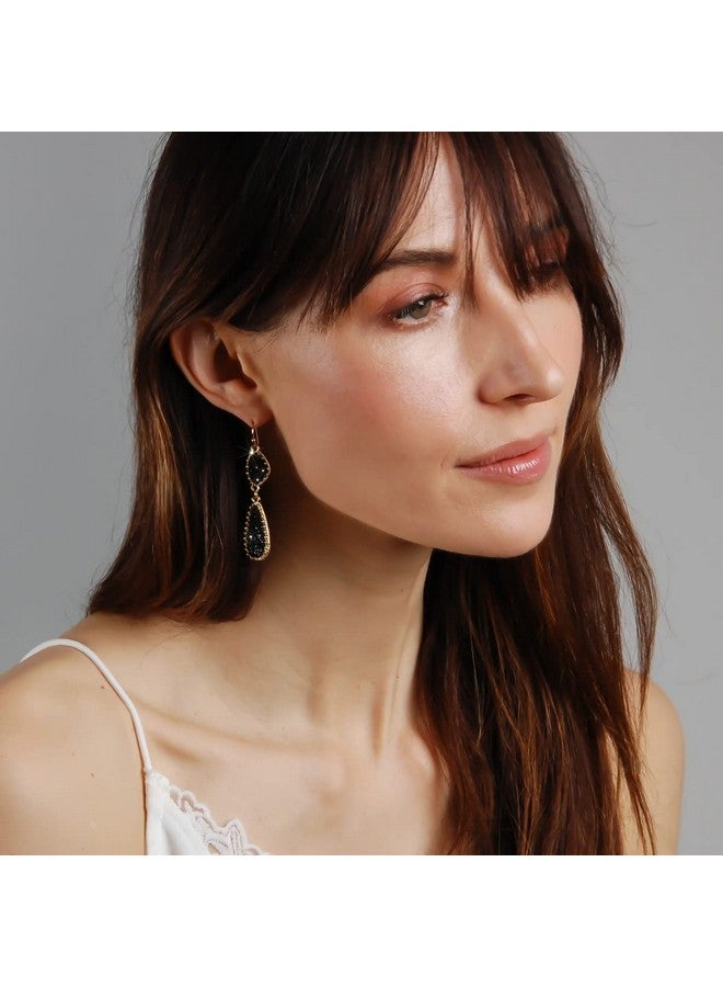 هامبل شيك نيويورك أقراط نسائية باللونين الأسود والذهبي - أقراط متدلية من حجر الدرزي المقلد الأنيق - أقراط طويلة مزدوجة على شكل دمعة للنساء، ذهبية اللون - حجر أسود - Image 2