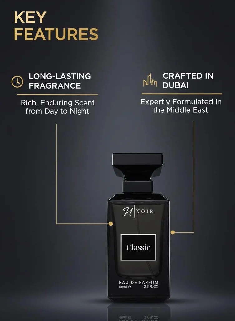 Noir Classic Classic EDP Perfume for Men, Exotic Florals, Citrus, and Warm Woody notes, Crafted for Sophistication and Everyday luxury, Long Lasting Men’s Perfume, 80ml for Men | Best Price UAE