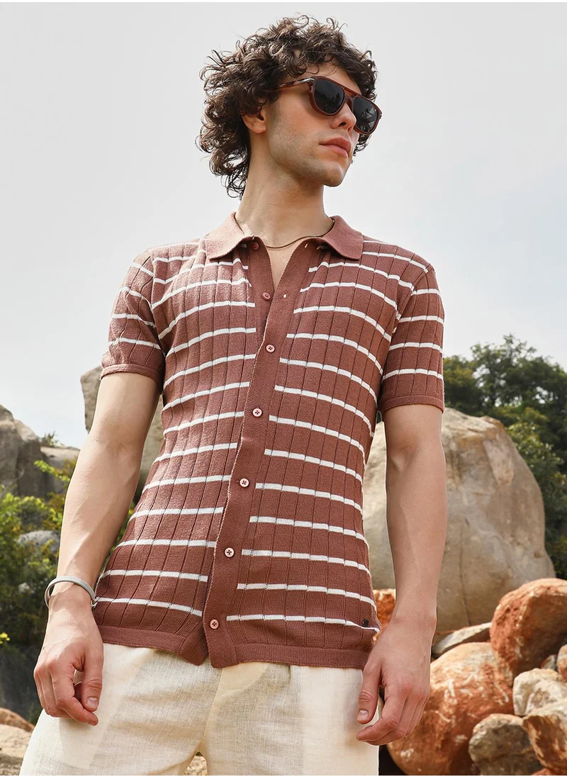 كامبوس سوترا Men's Sienna Brown Horizontal-Striped Knit Shirt