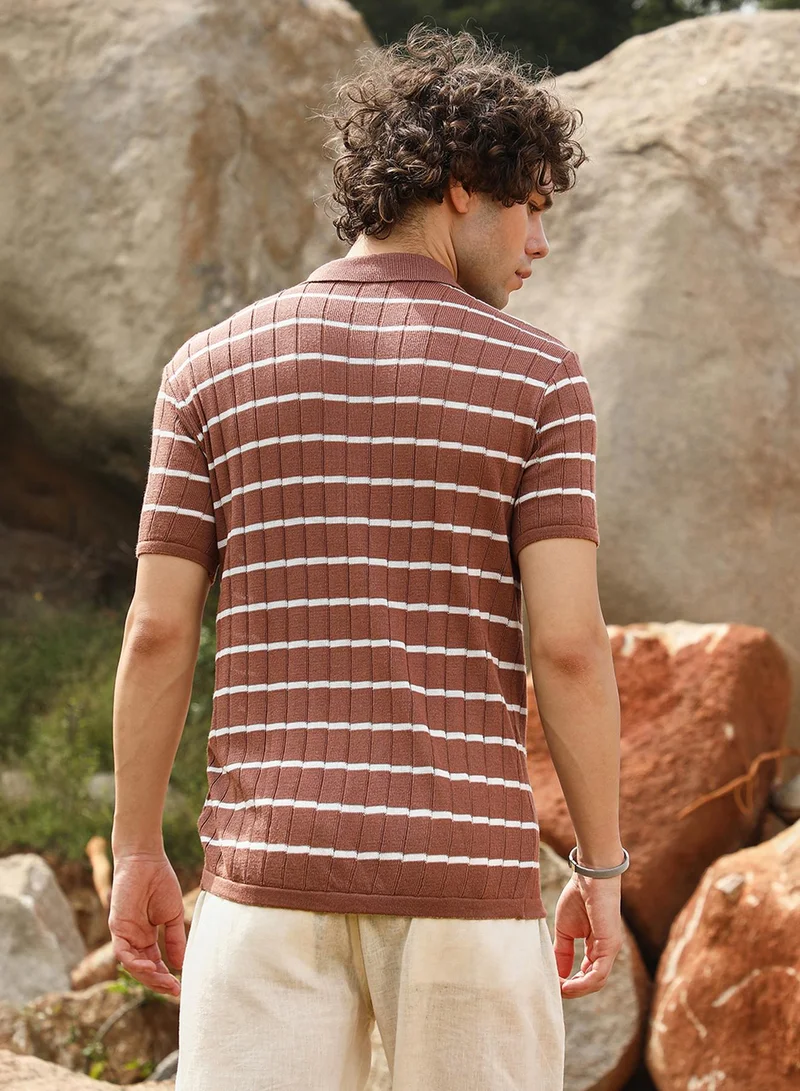 Campus Sutra Men's Sienna Brown Horizontal-Striped Knit Shirt
