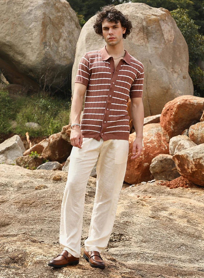 Campus Sutra Men's Sienna Brown Horizontal-Striped Knit Shirt