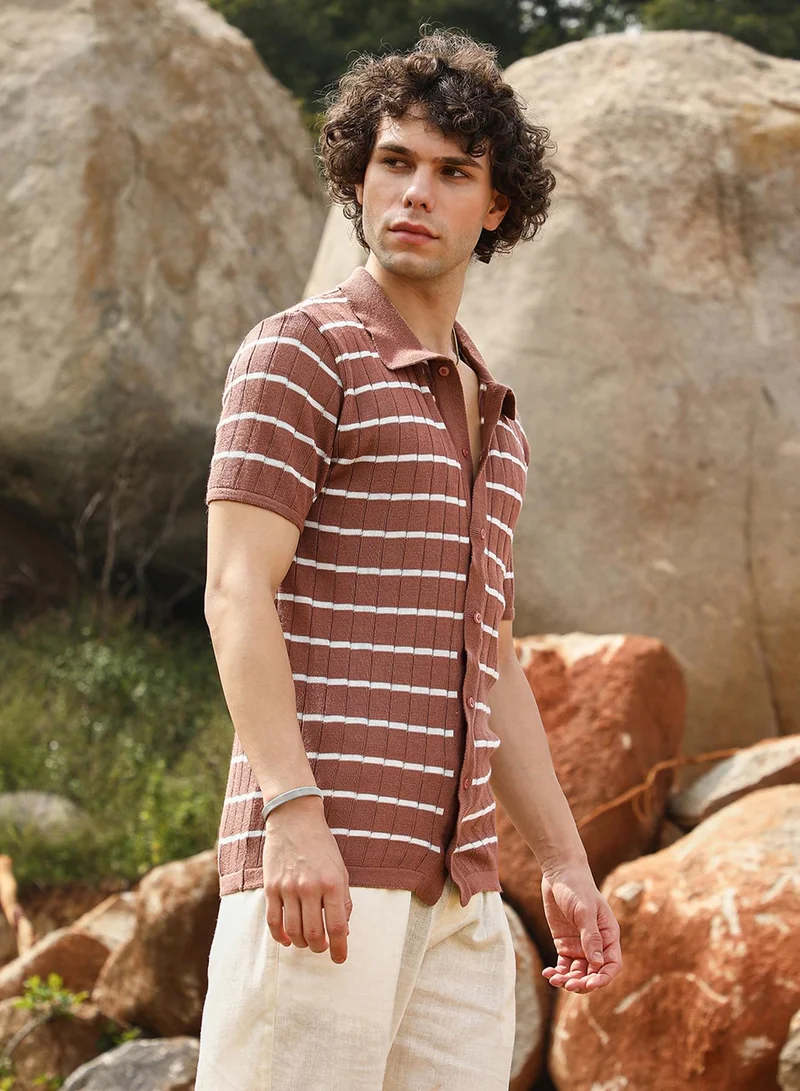 Campus Sutra Men's Sienna Brown Horizontal-Striped Knit Shirt