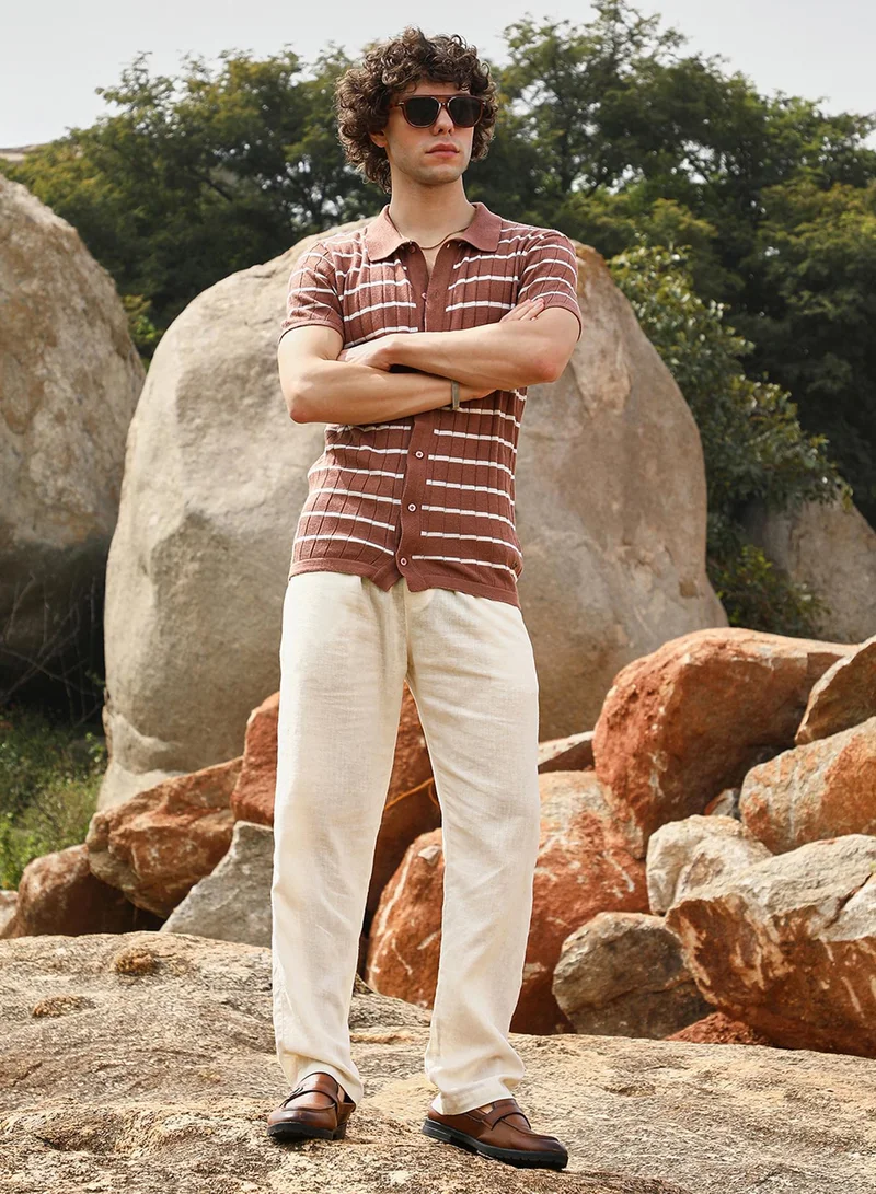 Campus Sutra Men's Sienna Brown Horizontal-Striped Knit Shirt