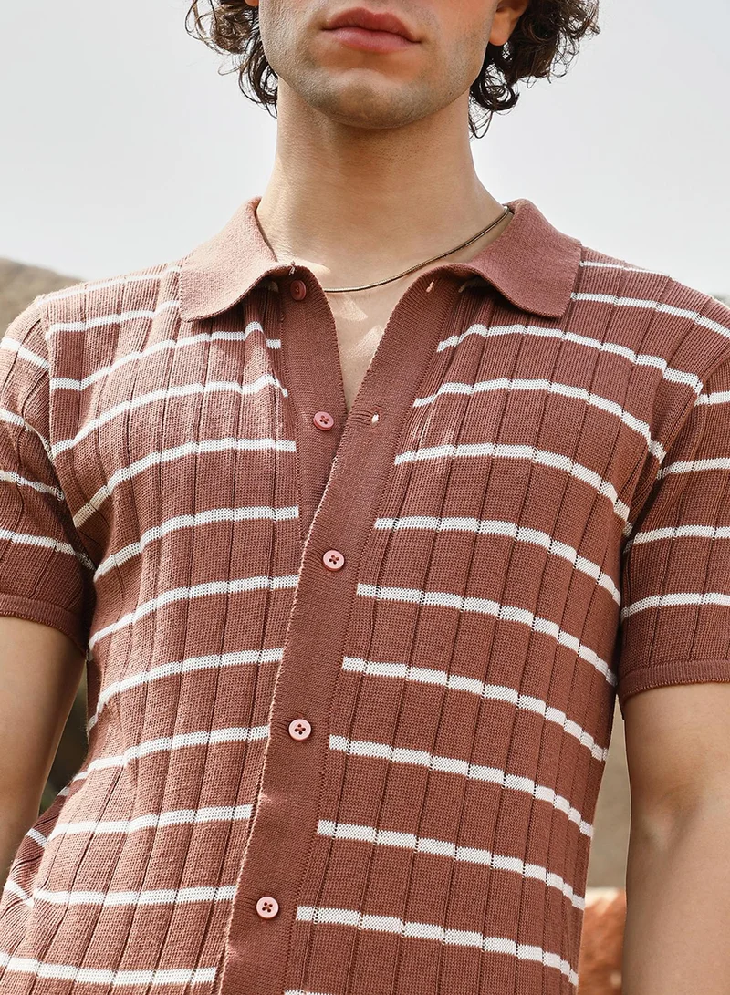 Campus Sutra Men's Sienna Brown Horizontal-Striped Knit Shirt