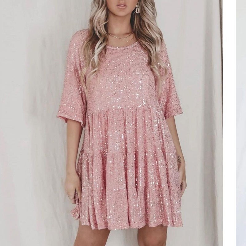 Womens High-end Foreign Trade Fashion Sequin Round Neck Looser Waist Tea Break French dress Fairy Dress Pink