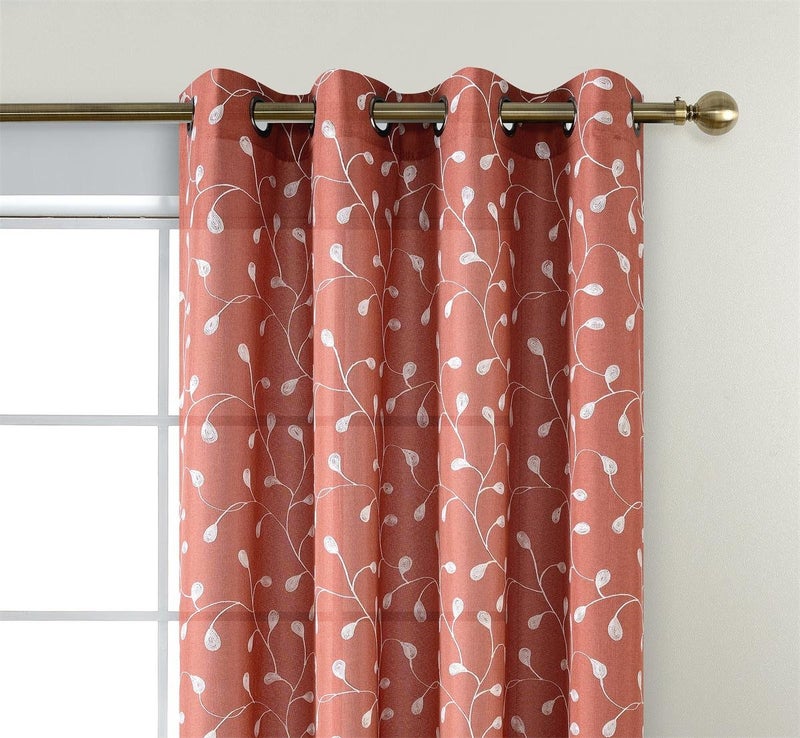 MIUCO Floral Embroidered Semi Sheer Curtains Faux Linen Grommet Window Curtains for Girls Room 52 x 63 Inch 2 Panels, Rust - Image 3