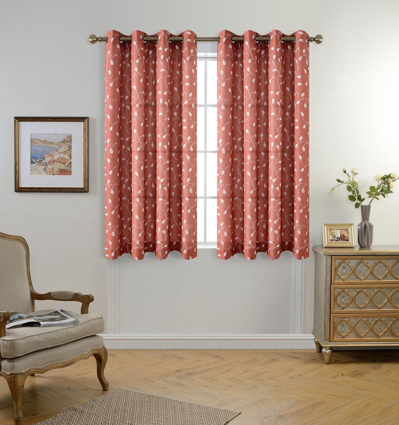 MIUCO Floral Embroidered Semi Sheer Curtains Faux Linen Grommet Window Curtains for Girls Room 52 x 63 Inch 2 Panels, Rust - Image 2