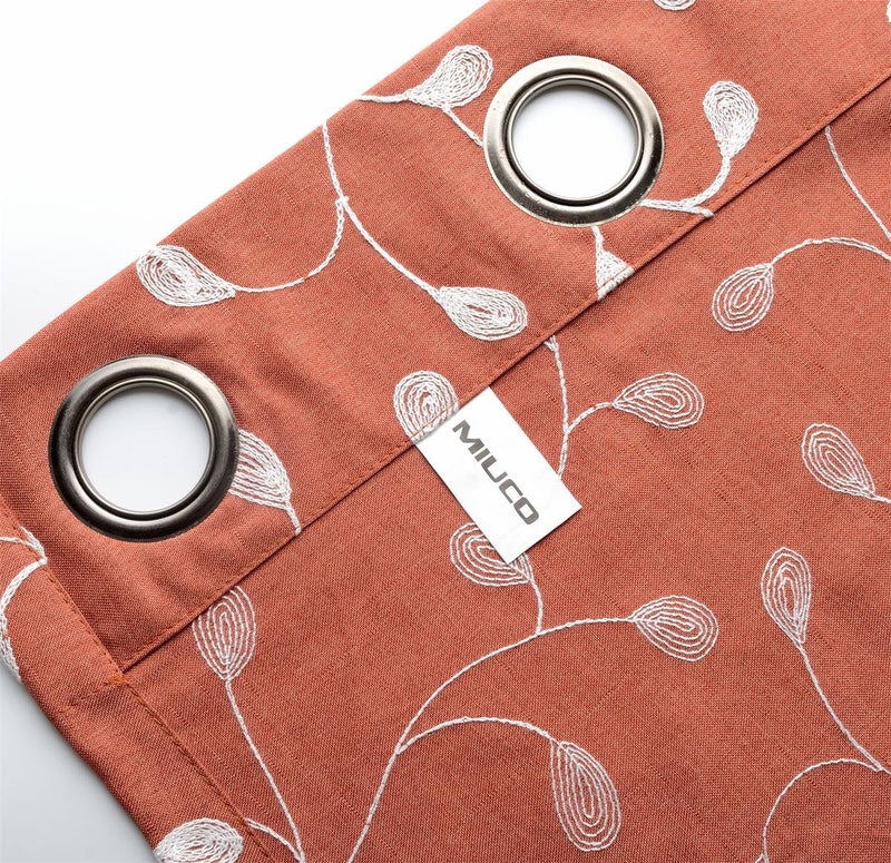 MIUCO Floral Embroidered Semi Sheer Curtains Faux Linen Grommet Window Curtains for Girls Room 52 x 63 Inch 2 Panels, Rust - Image 4