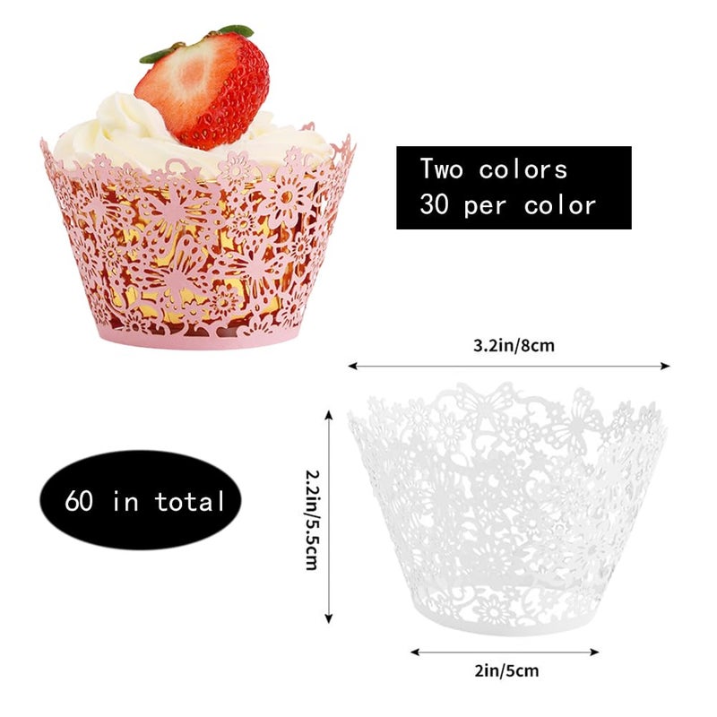 TRKETK 60 Pieces Cupcake Wrappers, Lace Cupcake Liners, Paper Cups for Artistic Baking Cakes Laser Cut Cupcake Cases for Wedding Party (White+Pink) - Image 2