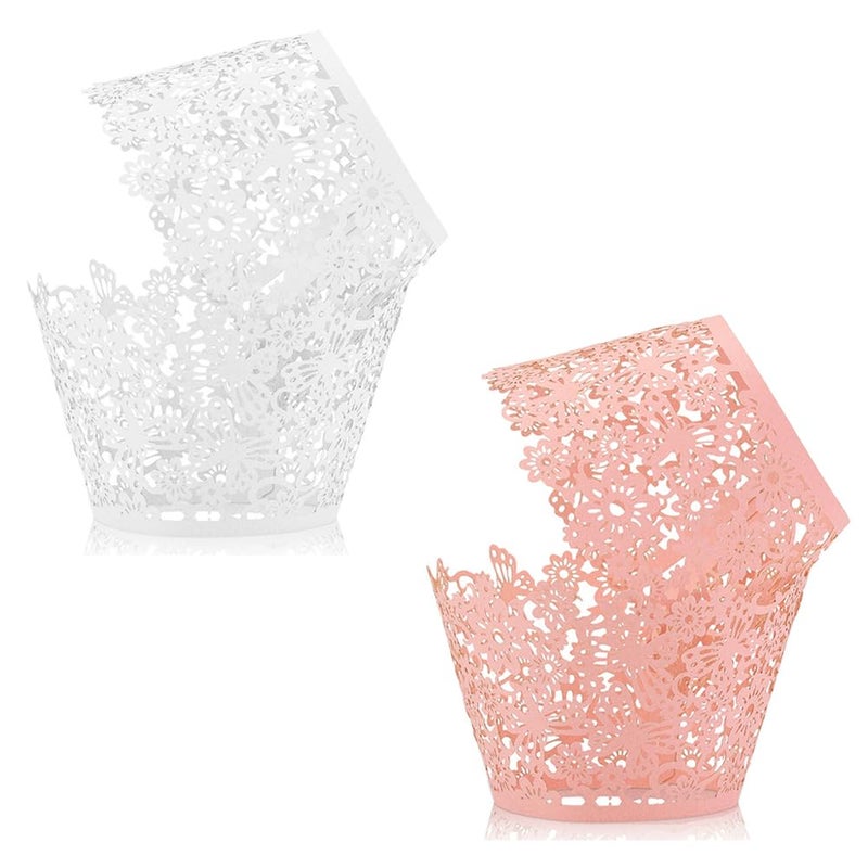TRKETK 60 Pieces Cupcake Wrappers, Lace Cupcake Liners, Paper Cups for Artistic Baking Cakes Laser Cut Cupcake Cases for Wedding Party (White+Pink) - Image 1