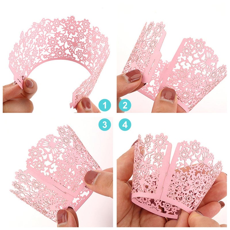 TRKETK 60 Pieces Cupcake Wrappers, Lace Cupcake Liners, Paper Cups for Artistic Baking Cakes Laser Cut Cupcake Cases for Wedding Party (White+Pink) - Image 5