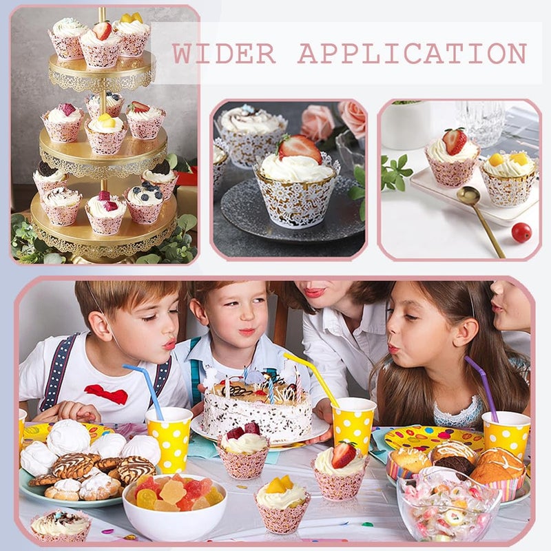TRKETK 60 Pieces Cupcake Wrappers, Lace Cupcake Liners, Paper Cups for Artistic Baking Cakes Laser Cut Cupcake Cases for Wedding Party (White+Pink) - Image 4