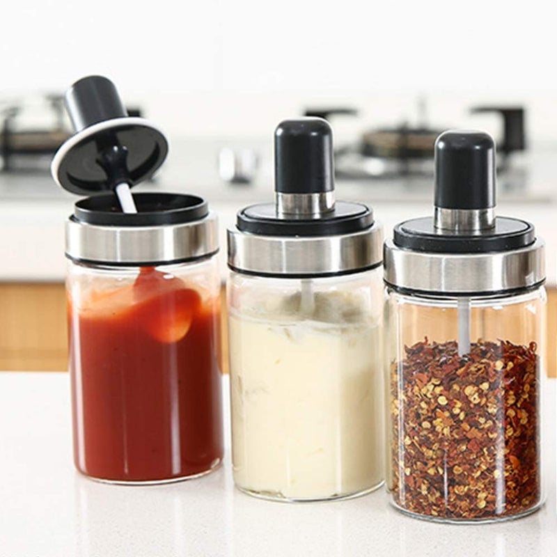 SAMJU Seasoning Container with Lids and Spoon 3 Pack Glass Spice Jars Condiment Pot for Sugar Salt Pepper Honey Capacity of Each Glass Jar_250ML - Image 1