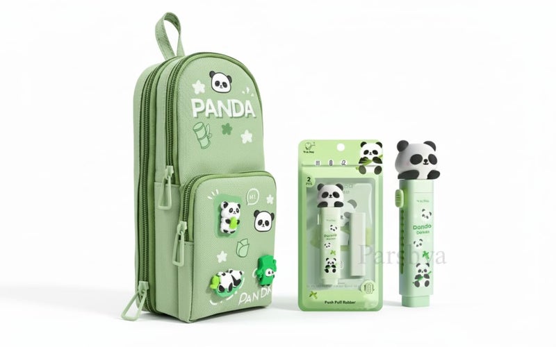 Parshya Cute Stationery Set for Kids & Students: Green Pencil Case Pouch & Retractable Push-Pull Eraser Combo | Return Gift for Girls & Boys - Image 1
