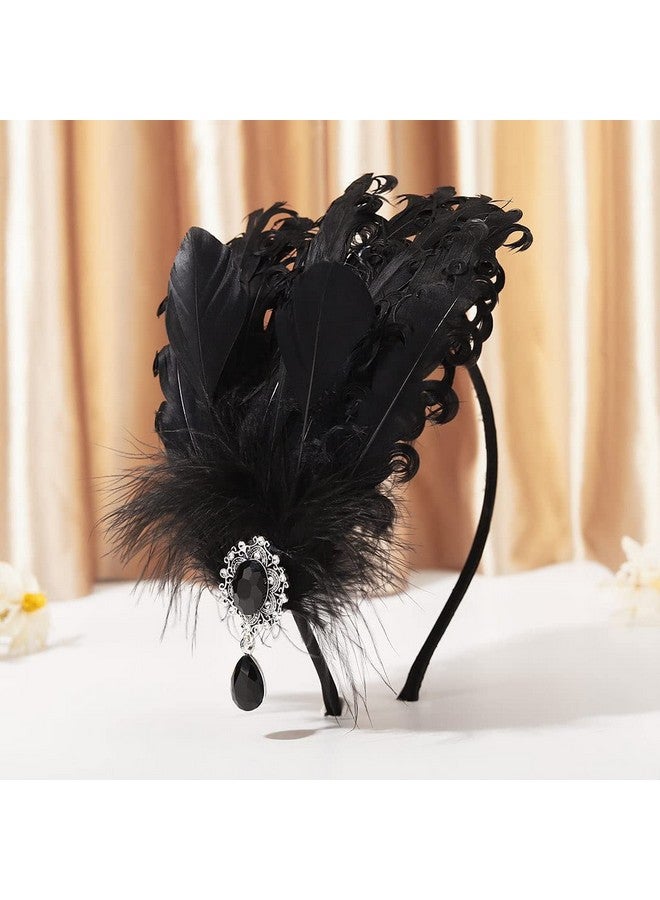 GENBREE Enbree 1920S Flapper Headband Gatsby Headpiece Feather Hair Hoop Feather Headwear Cocktail Party Hair Accessories For Women And Girls (Black)  - Image 2