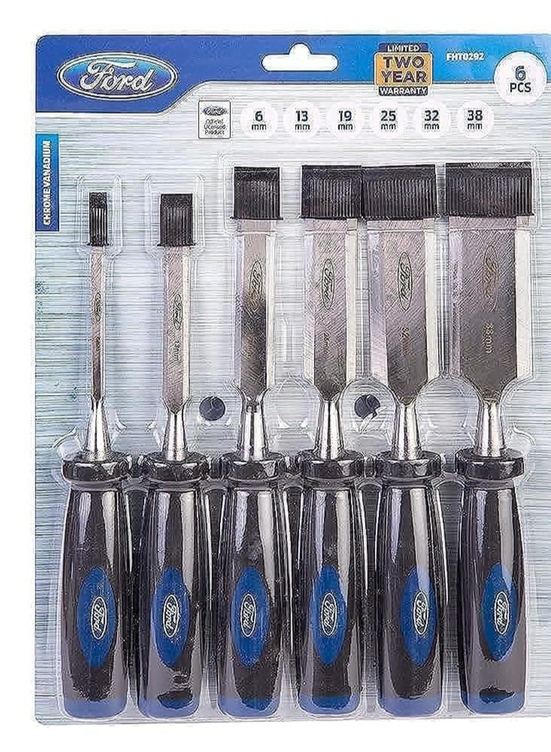Ford 6 Pieces Wood Chisel Set Woodworking Carving Heavy Duty Hand Tools Chrome Vanadium Soft Grip Handles Fht0292 - Image 1