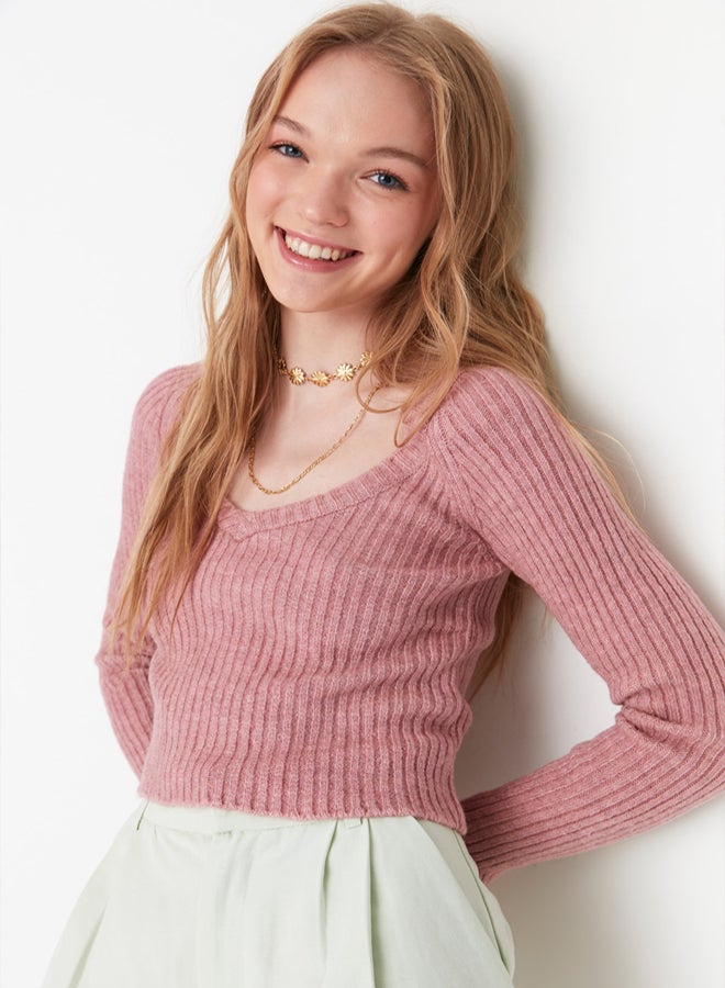 trendyol Pale Pink Crop Soft Textured Basic Knitwear Sweater - Image 1