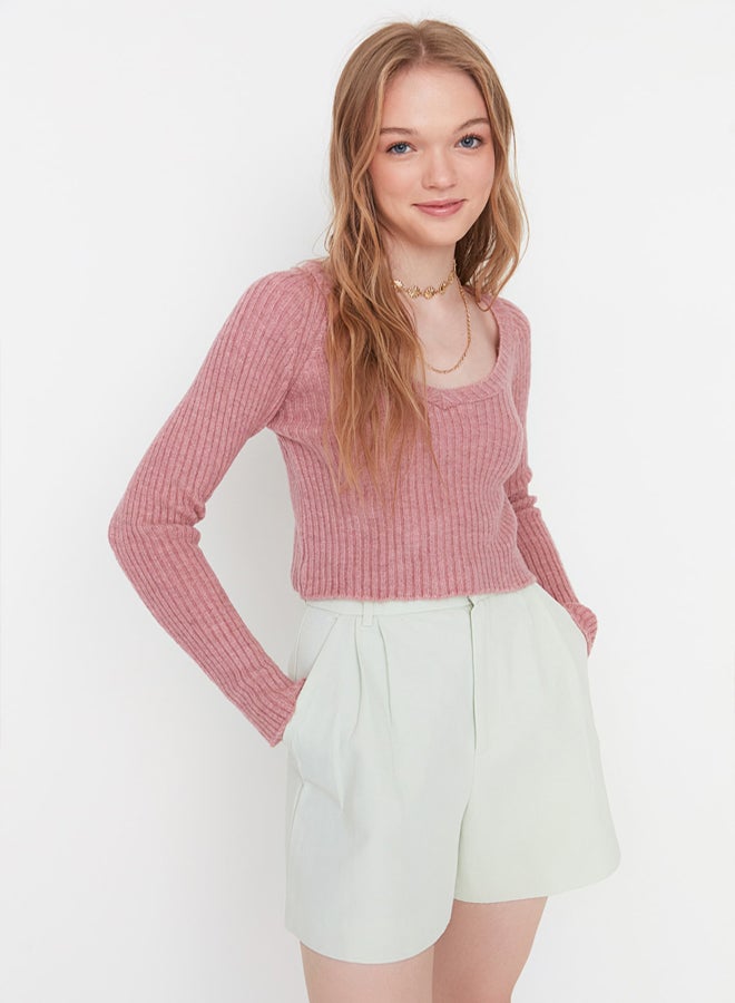 trendyol Pale Pink Crop Soft Textured Basic Knitwear Sweater - Image 2