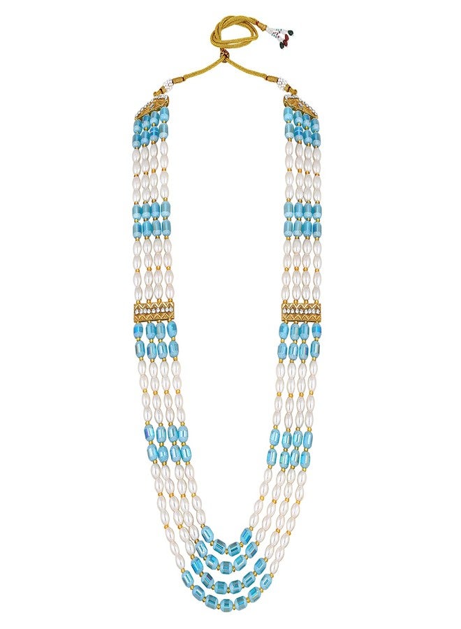 Mahi 4 Layers Blue and White Artificial Beads Base Groom/Dulha Mala Moti Haar Necklace for Men (ML1108106GBlu) - Image 3