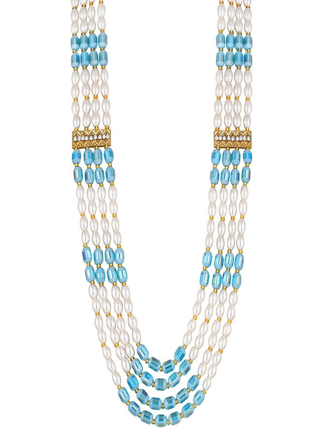 Mahi 4 Layers Blue and White Artificial Beads Base Groom/Dulha Mala Moti Haar Necklace for Men (ML1108106GBlu) - Image 1