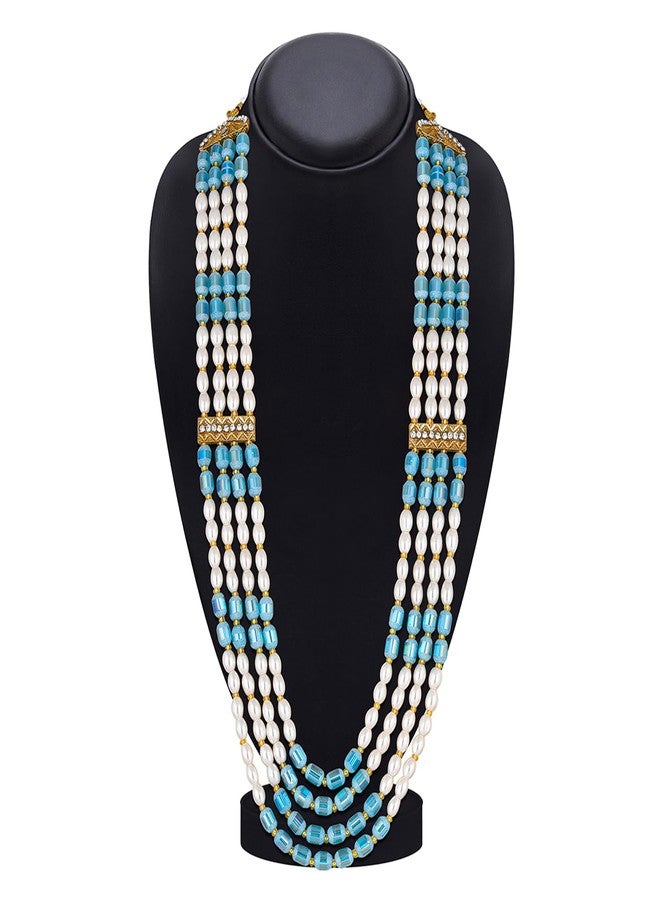 Mahi 4 Layers Blue and White Artificial Beads Base Groom/Dulha Mala Moti Haar Necklace for Men (ML1108106GBlu) - Image 2