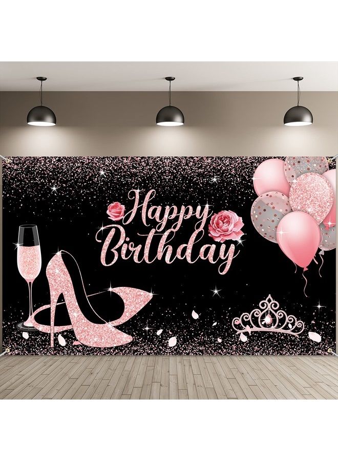 Sumind خلفية عيد ميلاد سعيدة قماش لامع وردي خلفية لافتة عيد ميلاد بالونات كعب عالٍ كأس نبيذ خلفية تصوير زينة حفلات عيد الميلاد للنساء والفتيات مستلزمات عيد الميلاد، 6 × 3.6 قدم - Image 1