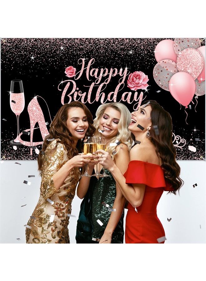 Sumind خلفية عيد ميلاد سعيدة قماش لامع وردي خلفية لافتة عيد ميلاد بالونات كعب عالٍ كأس نبيذ خلفية تصوير زينة حفلات عيد الميلاد للنساء والفتيات مستلزمات عيد الميلاد، 6 × 3.6 قدم - Image 5