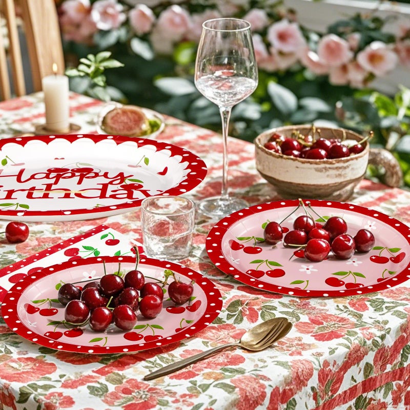 Grencian 96Pcs Cherry Birthday Party Decorations Spring Cherry Party Plates Disposable Cherry Fruit Birthday Tableware Set for Birthday Baby Shower Fruit Theme Party Supplies  Serves 24 - Image 2
