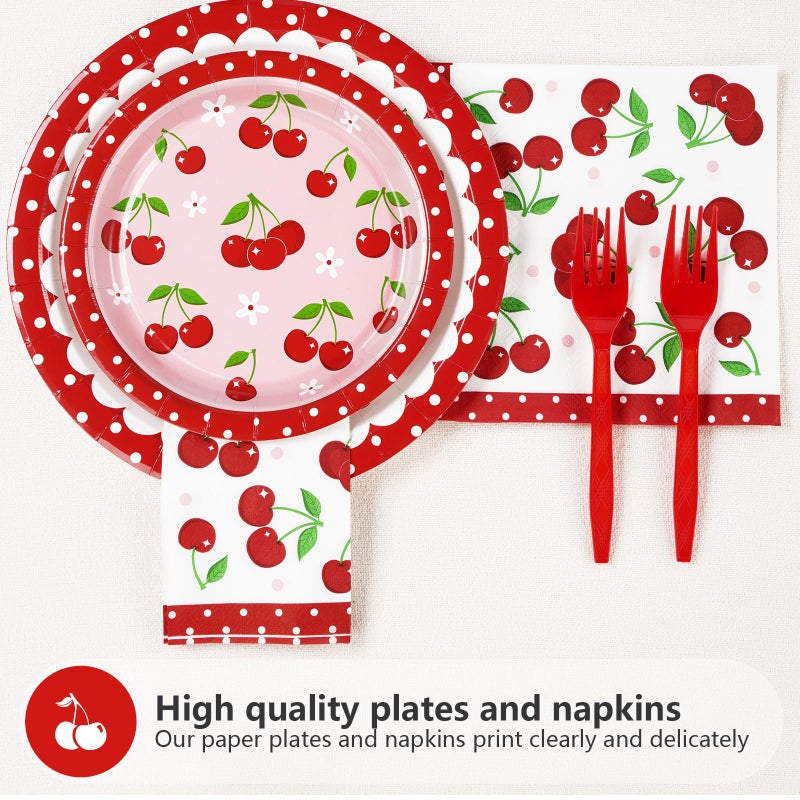 Grencian 96Pcs Cherry Birthday Party Decorations Spring Cherry Party Plates Disposable Cherry Fruit Birthday Tableware Set for Birthday Baby Shower Fruit Theme Party Supplies  Serves 24 - Image 1