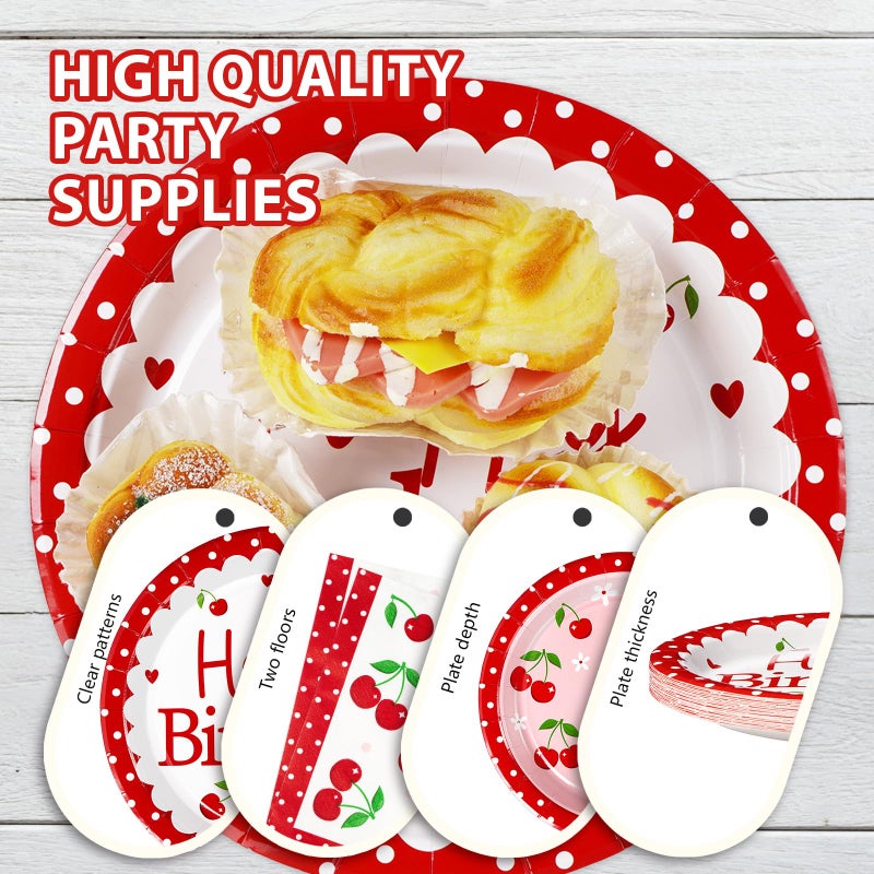 Grencian 96Pcs Cherry Birthday Party Decorations Spring Cherry Party Plates Disposable Cherry Fruit Birthday Tableware Set for Birthday Baby Shower Fruit Theme Party Supplies  Serves 24 - Image 3