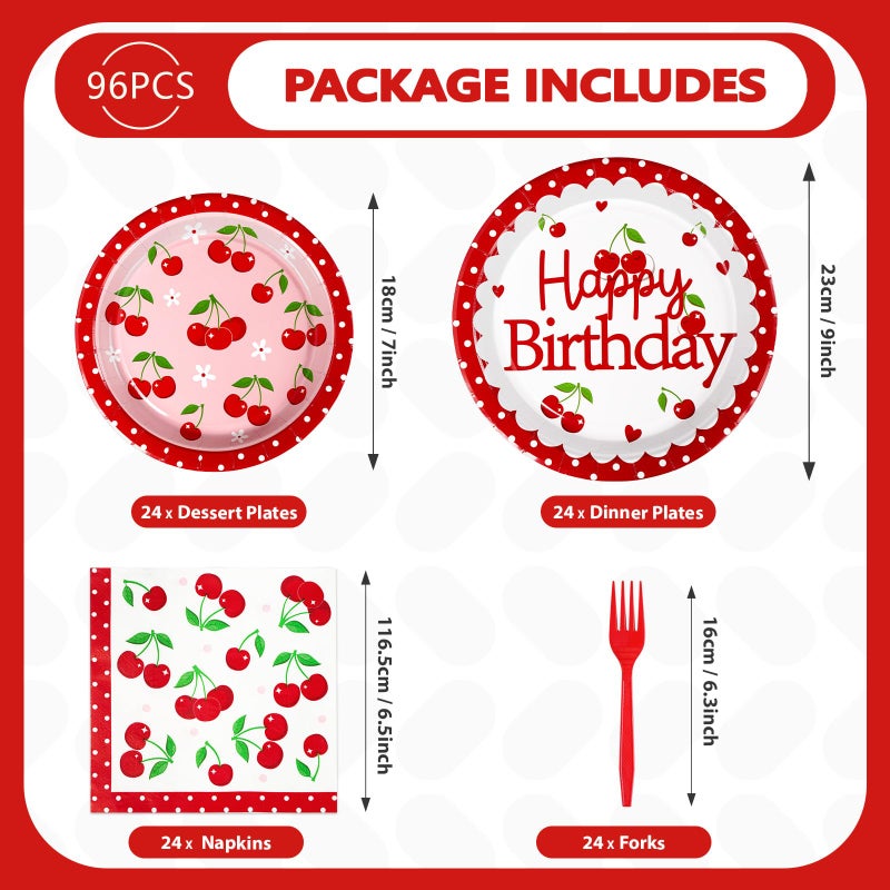 Grencian 96Pcs Cherry Birthday Party Decorations Spring Cherry Party Plates Disposable Cherry Fruit Birthday Tableware Set for Birthday Baby Shower Fruit Theme Party Supplies  Serves 24 - Image 4