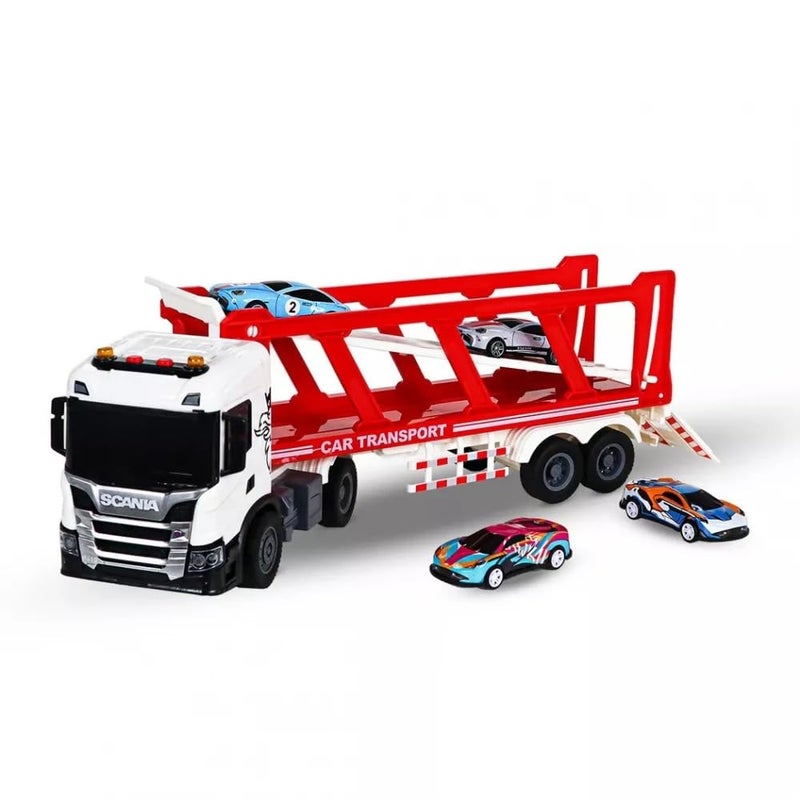 The Toys Home لعبة شاحنة نقل سيارات سكانية مرخصة مع 4 سيارات صغيرة، 30 سم ناقلة مركبات مع أضواء وموسيقى، مجموعة لعب واقعية لنقل السيارات للأطفال من عمر 3 سنوات فما فوق - Image 3