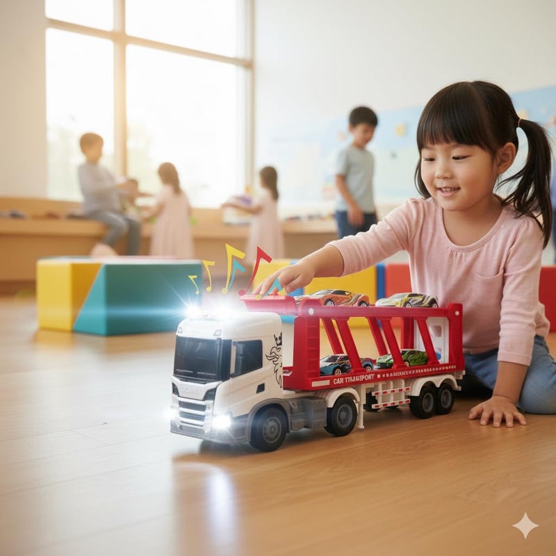 The Toys Home لعبة شاحنة نقل سيارات سكانية مرخصة مع 4 سيارات صغيرة، 30 سم ناقلة مركبات مع أضواء وموسيقى، مجموعة لعب واقعية لنقل السيارات للأطفال من عمر 3 سنوات فما فوق - Image 5