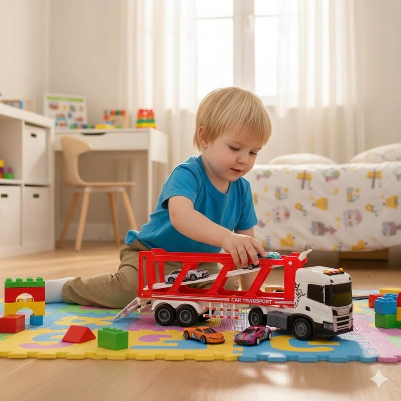 The Toys Home لعبة شاحنة نقل سيارات سكانية مرخصة مع 4 سيارات صغيرة، 30 سم ناقلة مركبات مع أضواء وموسيقى، مجموعة لعب واقعية لنقل السيارات للأطفال من عمر 3 سنوات فما فوق - Image 4