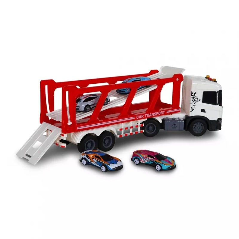 The Toys Home لعبة شاحنة نقل سيارات سكانية مرخصة مع 4 سيارات صغيرة، 30 سم ناقلة مركبات مع أضواء وموسيقى، مجموعة لعب واقعية لنقل السيارات للأطفال من عمر 3 سنوات فما فوق - Image 2