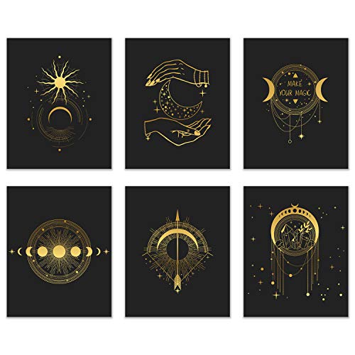 DEFLECTAIR Occult Gold and Black Prints - Set of 6 (8x10) Glossy Wall Art Decor Alchemy - Witch -Third Eye - Planets - Image 1