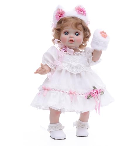 Cloveray Baby Doll 18 Inch Realistic Reborn Toddler Real Life Baby Dolls with White Lace Dress Magnetic Cat Nose Fluffy Paw Mitten Tail Premium Collectible Gift for 3 Year Old Girls - Image 5