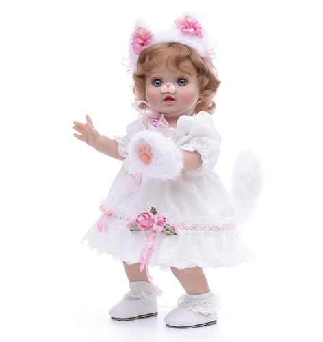 Cloveray Baby Doll 18 Inch Realistic Reborn Toddler Real Life Baby Dolls with White Lace Dress Magnetic Cat Nose Fluffy Paw Mitten Tail Premium Collectible Gift for 3 Year Old Girls - Image 1