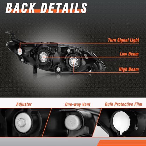 AXLAHA for 2004 2005 Honda Civic Headlights Assembly Compatible with 04 05 Honda Civic 2/4dr with Black Housing Amber Reflector Replacement Driver & Passenger Side - Image 4