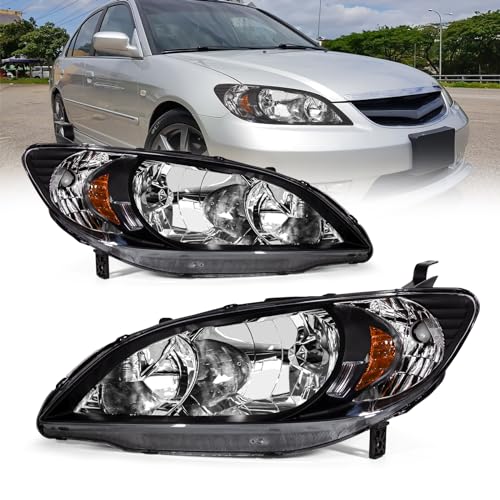 AXLAHA for 2004 2005 Honda Civic Headlights Assembly Compatible with 04 05 Honda Civic 2/4dr with Black Housing Amber Reflector Replacement Driver & Passenger Side - Image 1