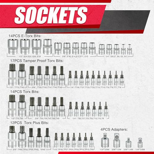 EACELIY 64PCS 1/4,3/8&1/2” Master Torx Bit Socket Set and External Torx Socket Set,E4-E24,T6-T70,TT6-TT70,TP8-TP60,Adapters,S2 and Cr-V Steel - Image 2