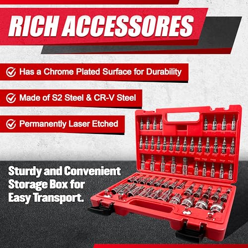 EACELIY 64PCS 1/4,3/8&1/2” Master Torx Bit Socket Set and External Torx Socket Set,E4-E24,T6-T70,TT6-TT70,TP8-TP60,Adapters,S2 and Cr-V Steel - Image 3