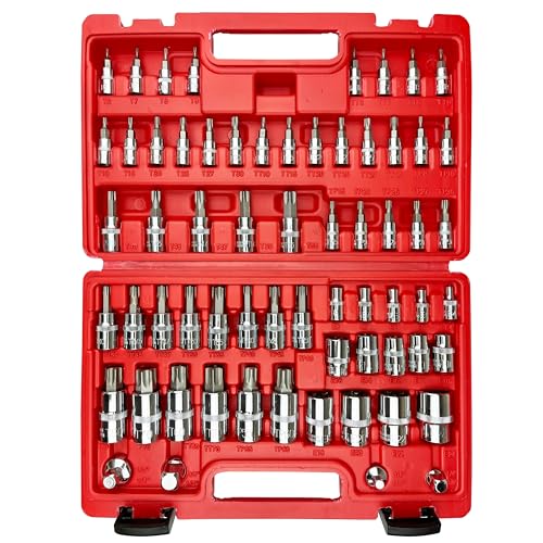EACELIY 64PCS 1/4,3/8&1/2” Master Torx Bit Socket Set and External Torx Socket Set,E4-E24,T6-T70,TT6-TT70,TP8-TP60,Adapters,S2 and Cr-V Steel - Image 1