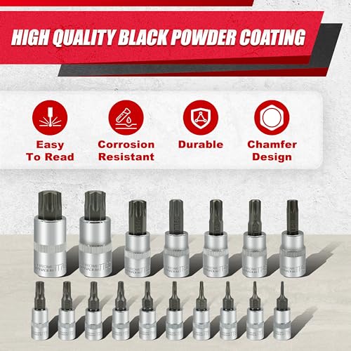 EACELIY 64PCS 1/4,3/8&1/2” Master Torx Bit Socket Set and External Torx Socket Set,E4-E24,T6-T70,TT6-TT70,TP8-TP60,Adapters,S2 and Cr-V Steel - Image 4