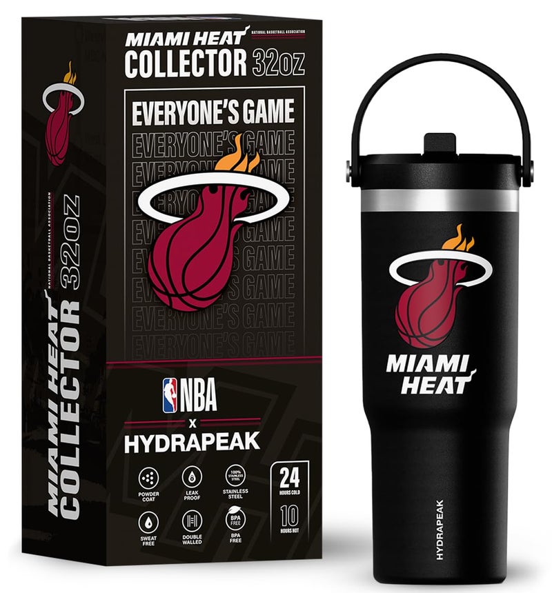 Hydrapeak x NBA Officially Licensed Miami Heat 32oz Nomad Stainless Steel Tumbler with Handle and Straw Lid, Leakproof Water Bottle in Limited Edition Collector's Gift Box - Image 1