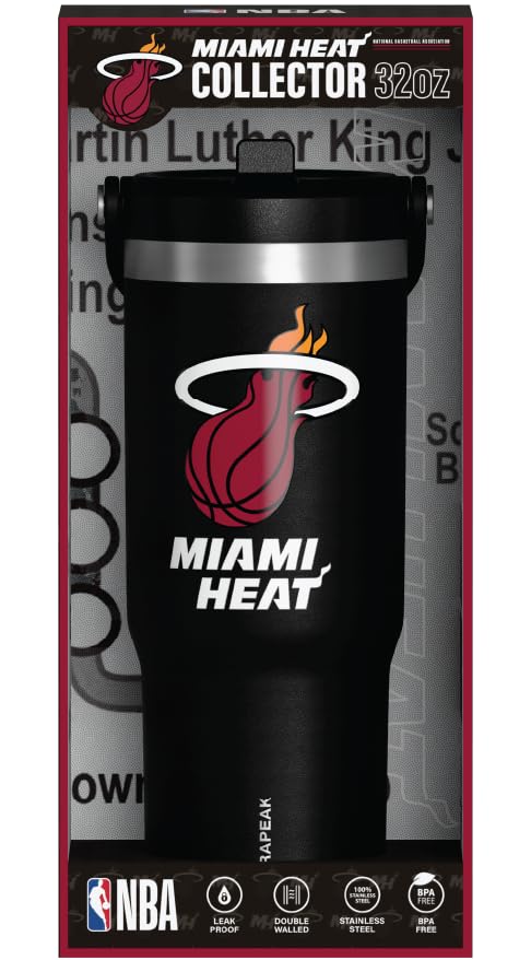 Hydrapeak x NBA Officially Licensed Miami Heat 32oz Nomad Stainless Steel Tumbler with Handle and Straw Lid, Leakproof Water Bottle in Limited Edition Collector's Gift Box - Image 3