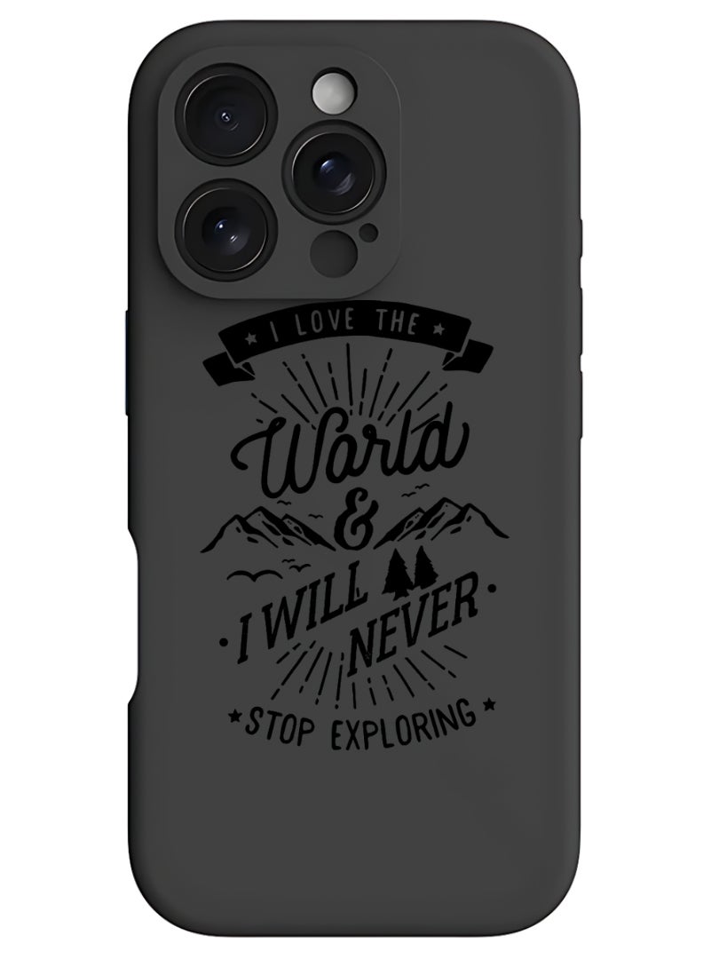 Theodor iPhone 16 Pro Max Black Protective Slim Fit Case Liquid Silicone Cover with Full Body Protection Anti-Scratch Shockproof Case For iPhone - I love the world - Image 1