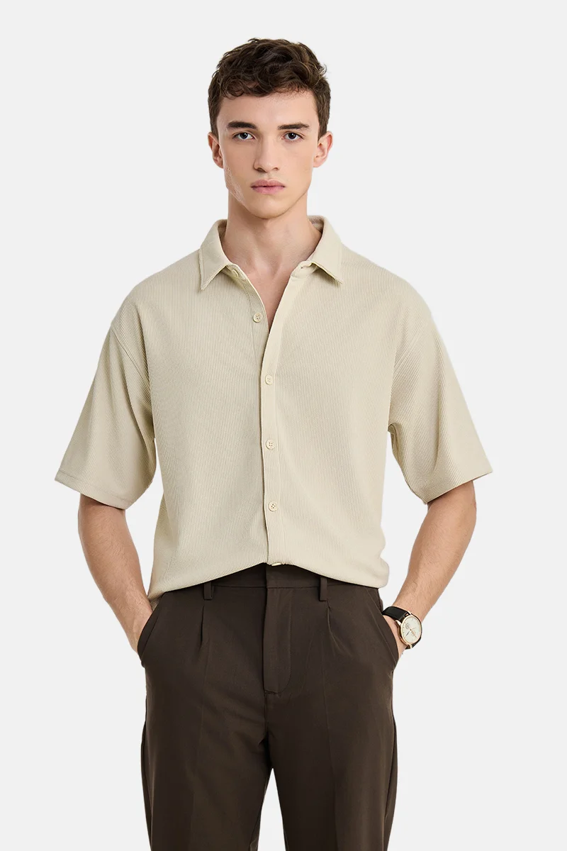 سنيتش Cream Ribbed Half Sleeve Oversized Casual Shirt