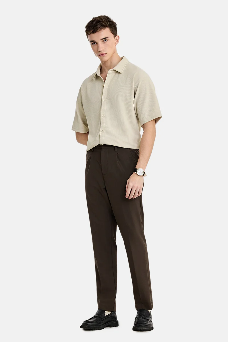 سنيتش Cream Ribbed Half Sleeve Oversized Casual Shirt