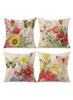 Generic أغطية وسائد رمي زهرية بالفراشة لربيع - عبوة 4 قطع من ك cases cushions القماش الناعم المربع للكنبة وزينة خارجية (18x18 بوصة)  - Image 1